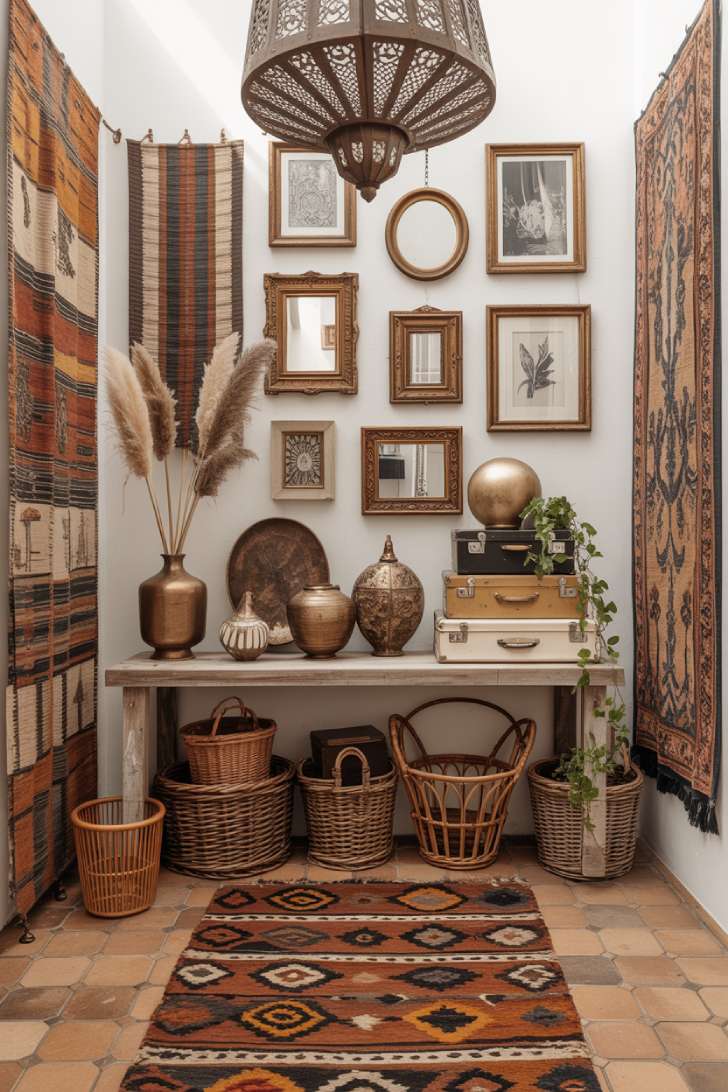 12 Beautiful Boho Maximalist Decor Ideas for a Cozy Retreat 7 Boho maximalist entryway with floor-to-ceiling tapestries, Moroccan lantern, and vintage console