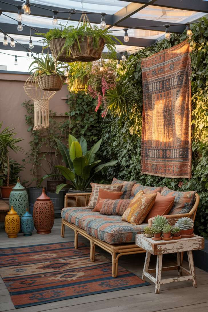 12 Beautiful Boho Maximalist Decor Ideas for a Cozy Retreat 8 Boho maximalist outdoor patio with rattan daybed, string lights, and Moroccan lanterns