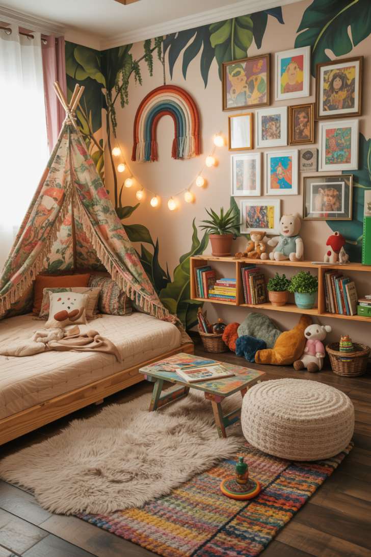 12 Beautiful Boho Maximalist Decor Ideas for a Cozy Retreat 9 Boho maximalist kids bedroom with teepee canopy, jungle mural, and colorful gallery wall