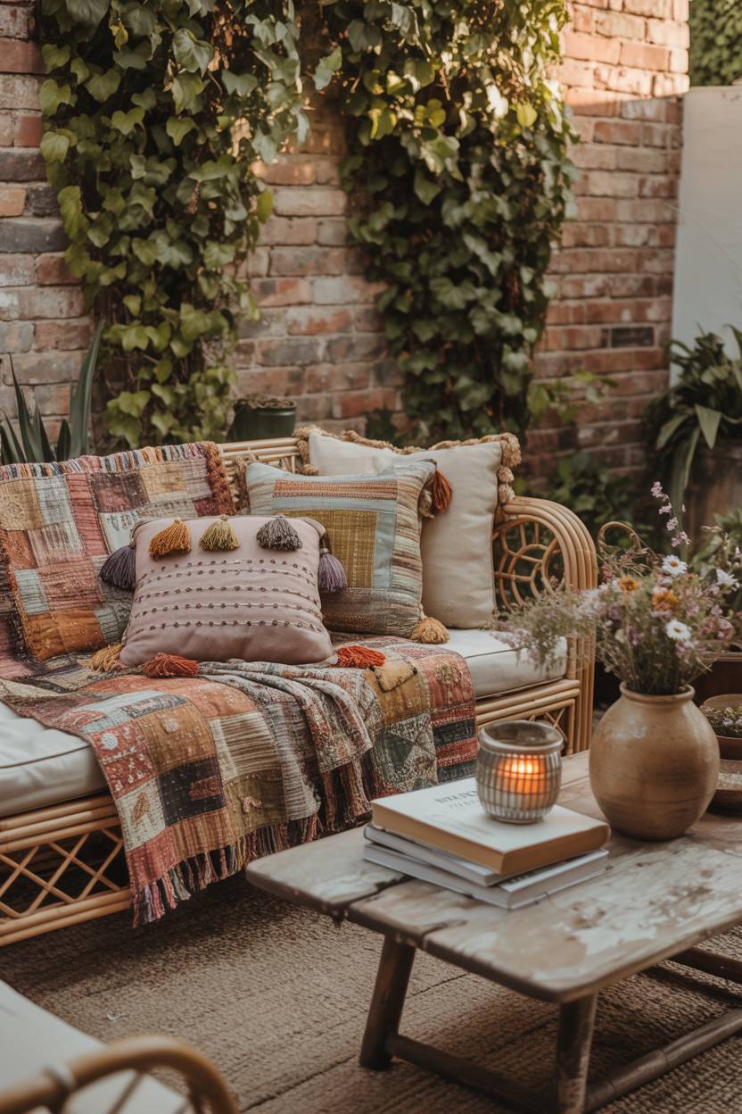 23 Boho Patio Decor Ideas to Transform Your Outdoor Space 1 Bohemian patio featuring woven rattan sofa with patchwork quilt and patterned pillows surrounded by ivy-covered brick walls