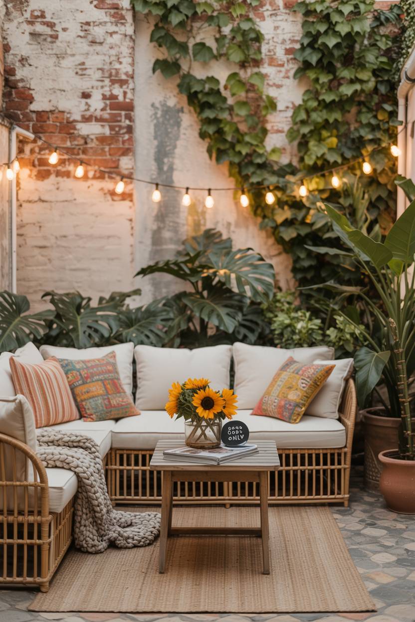 23 Boho Patio Decor Ideas to Transform Your Outdoor Space 2 Serene boho patio with cream sectional sofa, colorful pillows, and string lights against ivy-covered brick wall