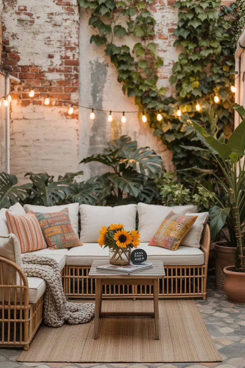 23 Boho Patio Decor Ideas to Transform Your Outdoor Space 2 Serene boho patio with cream sectional sofa, colorful pillows, and string lights against ivy-covered brick wall