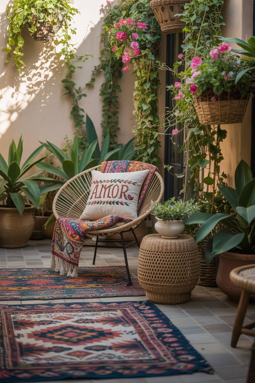 23 Boho Patio Decor Ideas to Transform Your Outdoor Space 3 Bohemian patio with woven chair, patterned rugs, and hanging planters with flowering plants