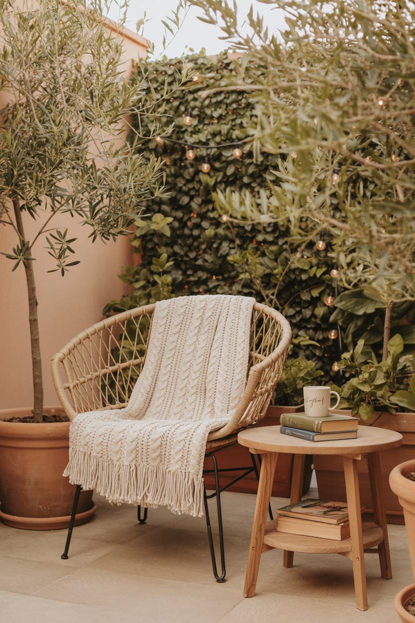 23 Boho Patio Decor Ideas to Transform Your Outdoor Space 4 Cozy boho patio featuring rattan chair with macrame throw, potted olive trees, and fairy lights