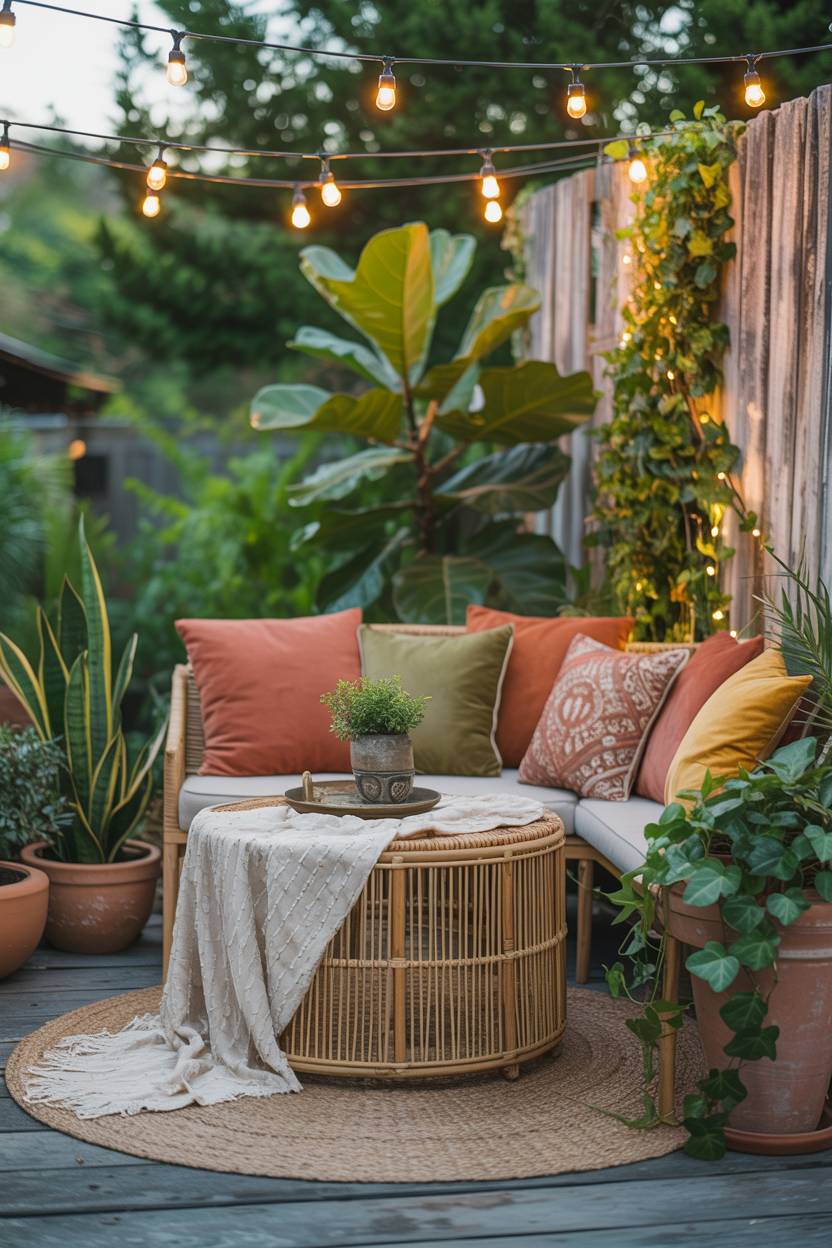 23 Boho Patio Decor Ideas to Transform Your Outdoor Space 5 Bohemian backyard patio with circular woven table, patterned pillows, and fiddle-leaf fig under string lights