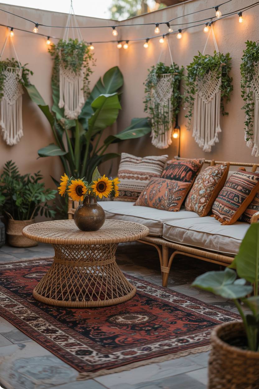 23 Boho Patio Decor Ideas to Transform Your Outdoor Space 6 Boho patio with circular rattan table on vintage Persian rug, macrame plant hangers, and golden hour lighting