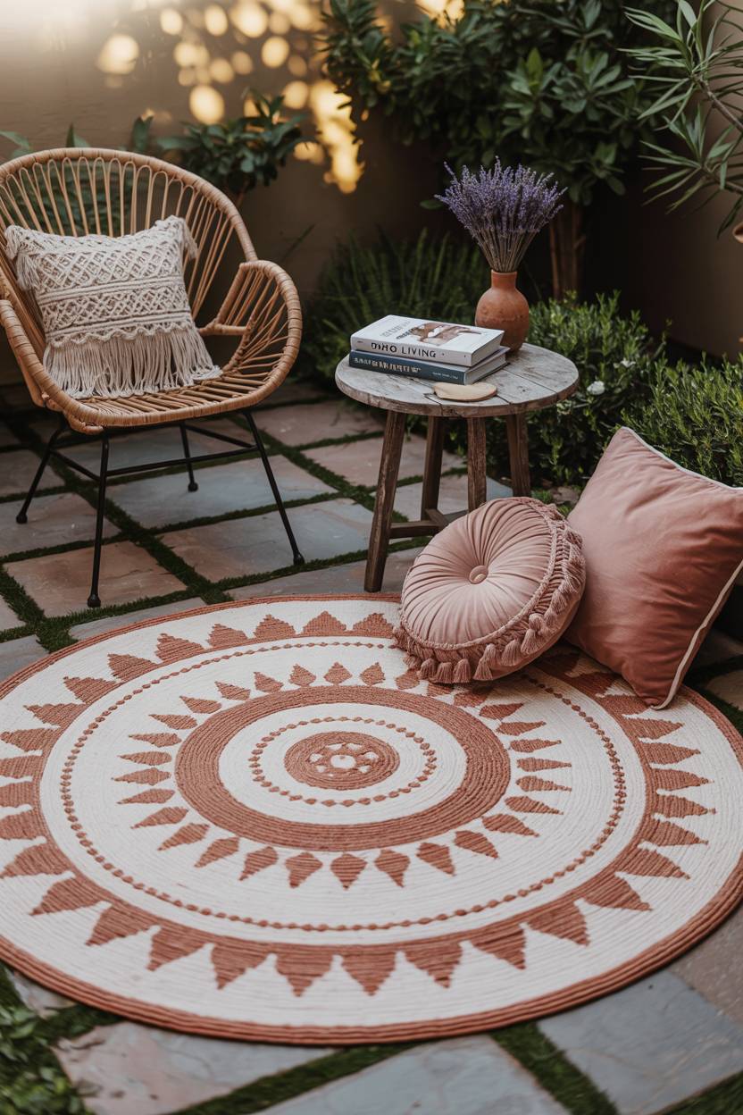 23 Boho Patio Decor Ideas to Transform Your Outdoor Space 7 Boho backyard patio with geometric woven rug, plush pillows, and vintage wicker chair with dried lavender