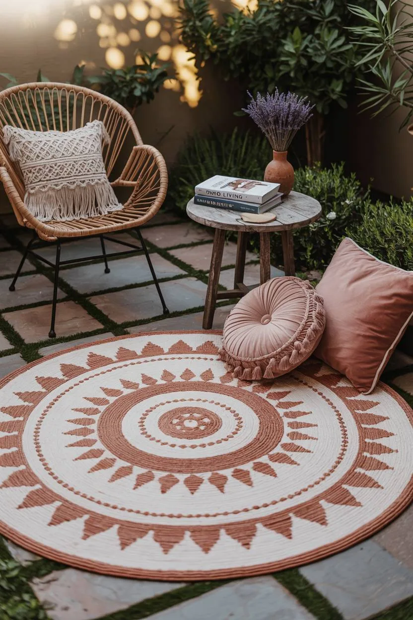 23 Boho Patio Decor Ideas to Transform Your Outdoor Space 7 Boho backyard patio with geometric woven rug, plush pillows, and vintage wicker chair with dried lavender