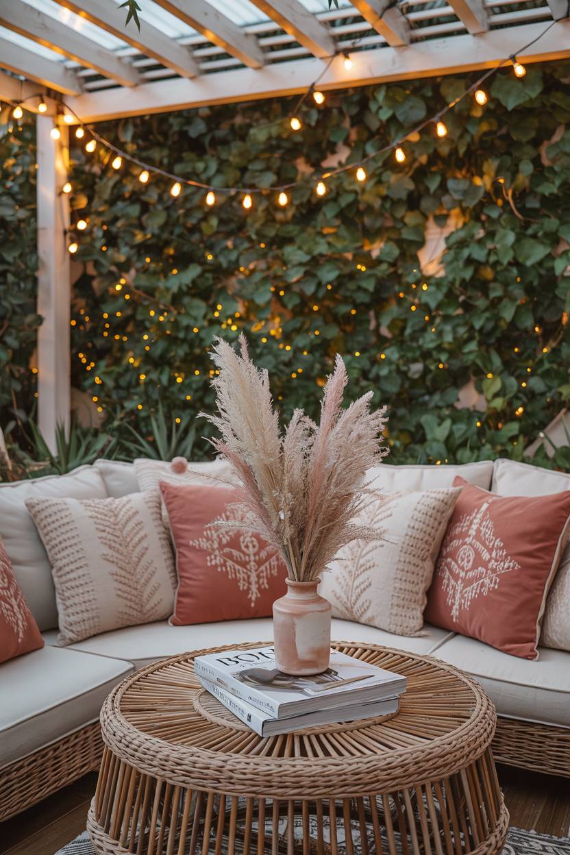 23 Boho Patio Decor Ideas to Transform Your Outdoor Space 8 Bohemian patio featuring circular rattan table with pampas grass centerpiece under jasmine-covered pergola