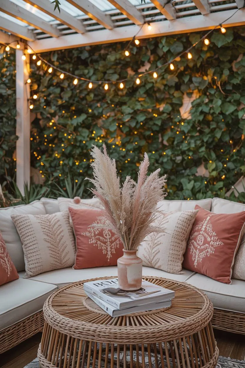 23 Boho Patio Decor Ideas to Transform Your Outdoor Space 8 Bohemian patio featuring circular rattan table with pampas grass centerpiece under jasmine-covered pergola