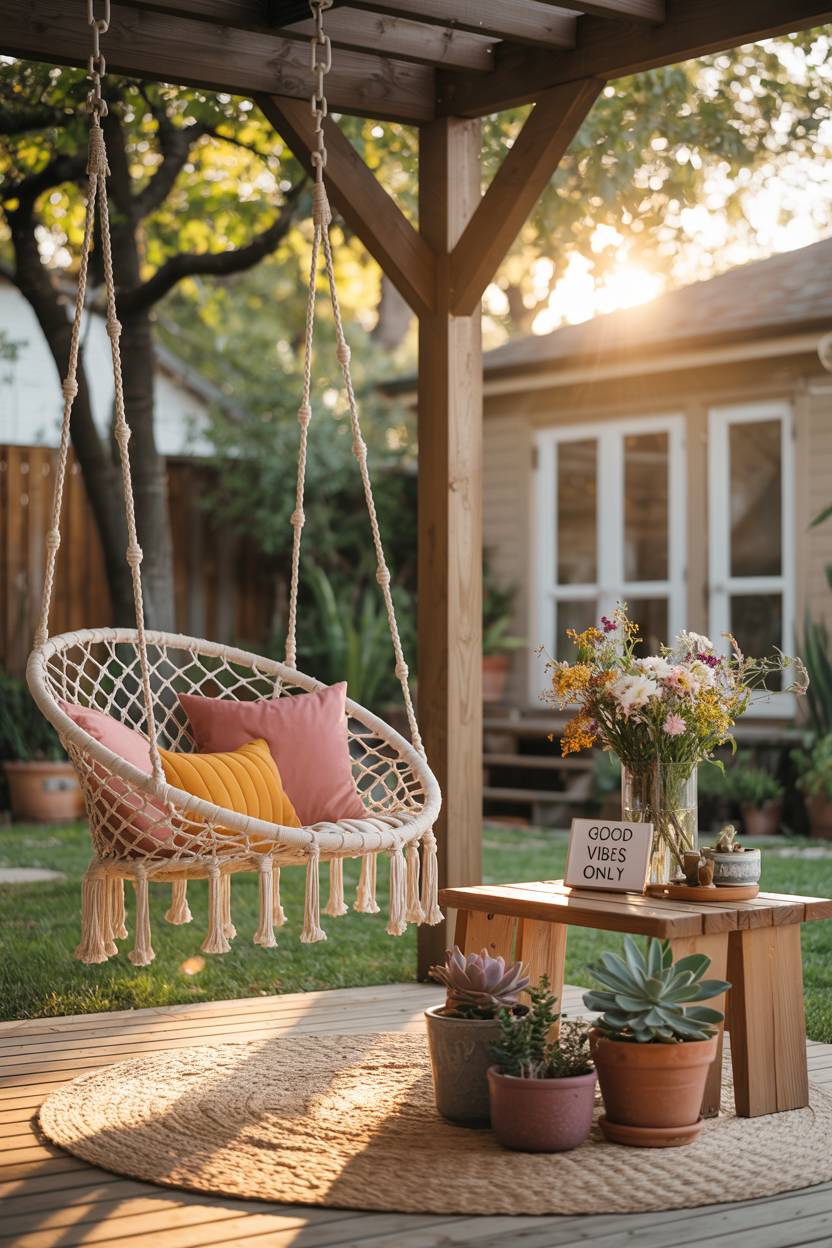 23 Boho Patio Decor Ideas to Transform Your Outdoor Space 9 Boho patio with macrame swing chair, wooden table with succulents, and wildflower bouquet