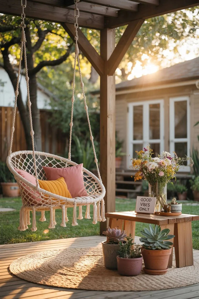 23 Boho Patio Decor Ideas to Transform Your Outdoor Space 9 Boho patio with macrame swing chair, wooden table with succulents, and wildflower bouquet