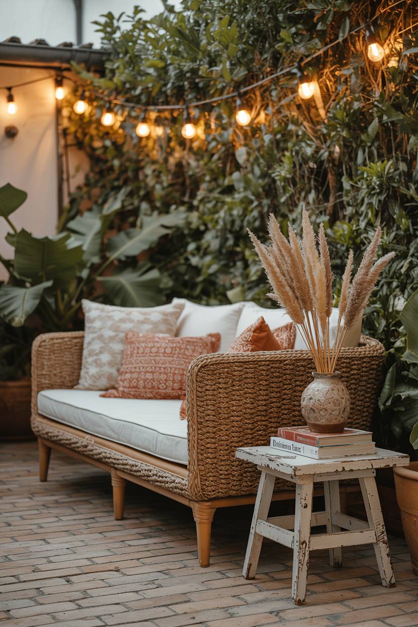 23 Boho Patio Decor Ideas to Transform Your Outdoor Space 10 Boho patio centered around woven rattan daybed with patterned cushions and pampas grass arrangement