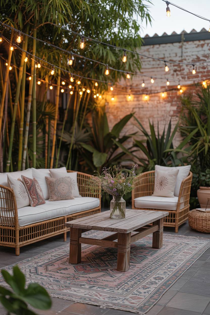 23 Boho Patio Decor Ideas to Transform Your Outdoor Space 11 Spacious boho patio with rattan seating area surrounded by tall bamboo stalks and string lights