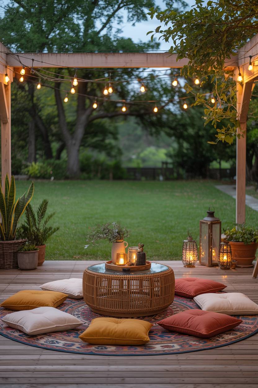 23 Boho Patio Decor Ideas to Transform Your Outdoor Space 12 Expansive boho patio with circular rattan table, floor cushions, and mature trees in background