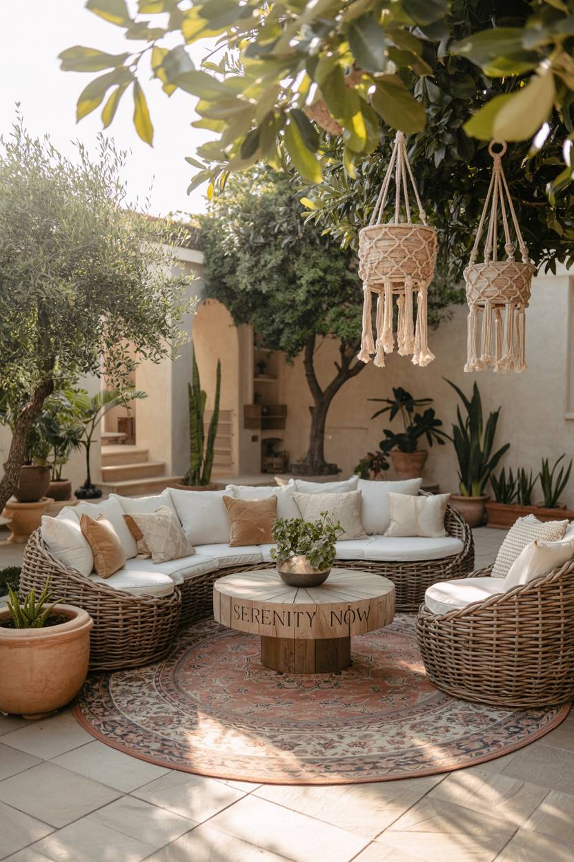 23 Boho Patio Decor Ideas to Transform Your Outdoor Space 13 Sprawling boho patio with rattan seating around rustic coffee table, potted olive trees, and macrame planters