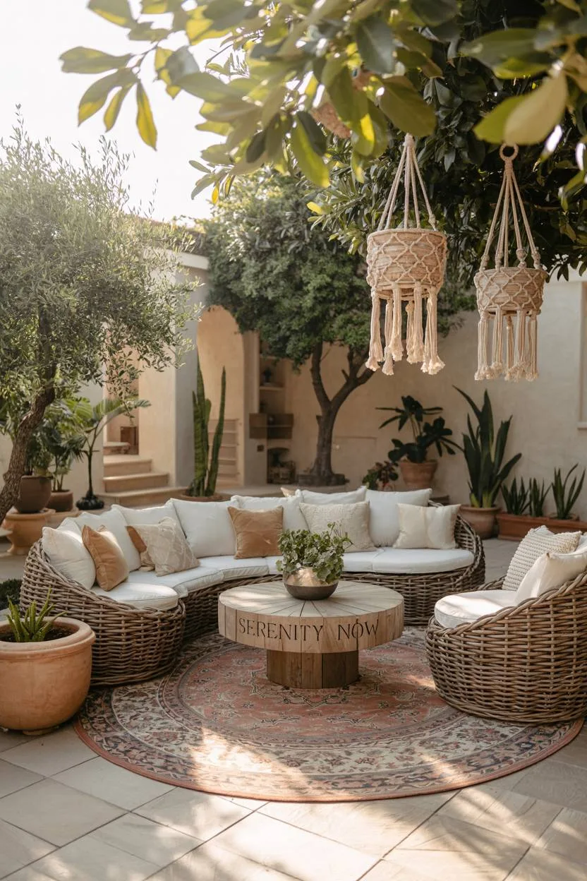 23 Boho Patio Decor Ideas to Transform Your Outdoor Space 13 Sprawling boho patio with rattan seating around rustic coffee table, potted olive trees, and macrame planters