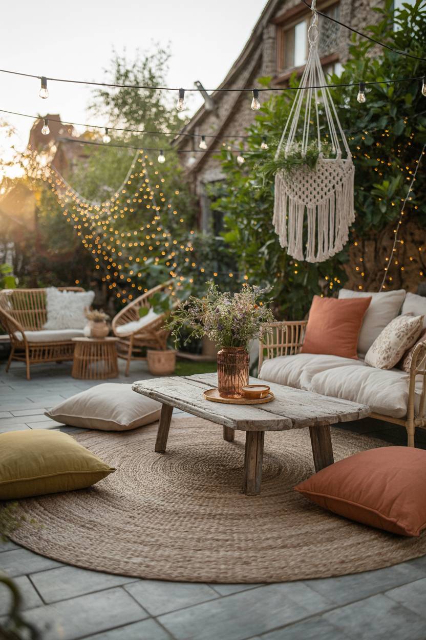 23 Boho Patio Decor Ideas to Transform Your Outdoor Space 14 Large boho patio with circular rug, earth-tone cushions, and charming stone cottage in background