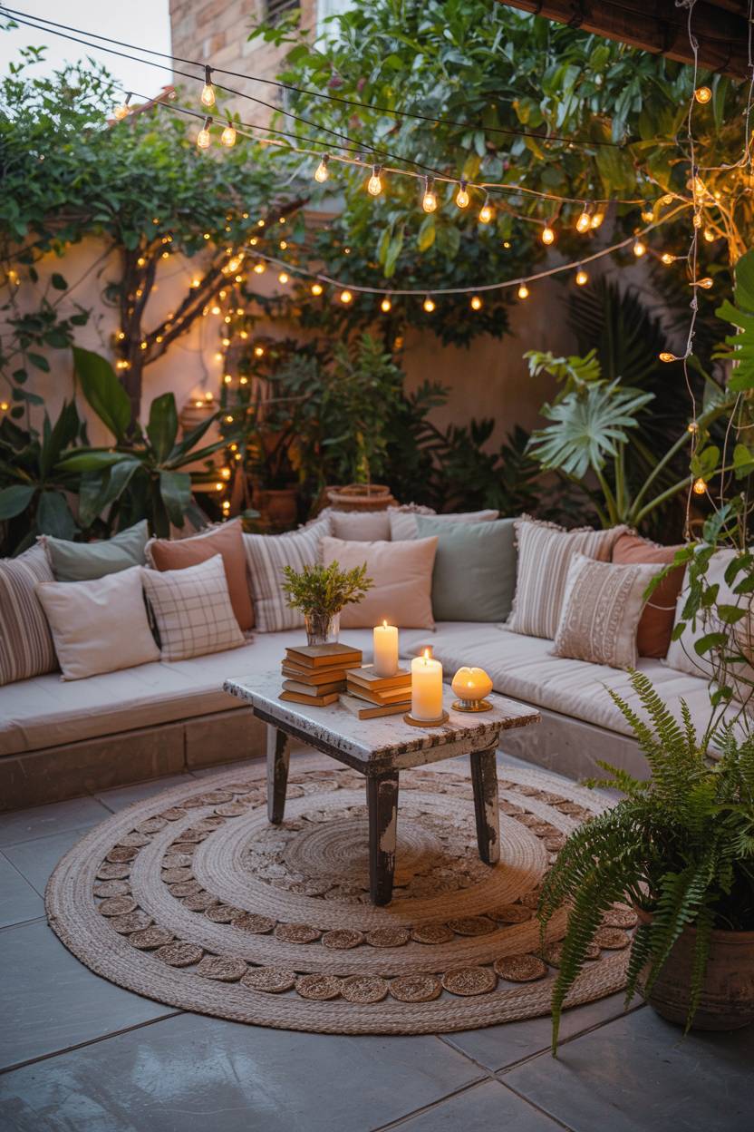 23 Boho Patio Decor Ideas to Transform Your Outdoor Space 15 Spacious boho patio with low seating, vintage books, candles, and trailing vines under fairy lights