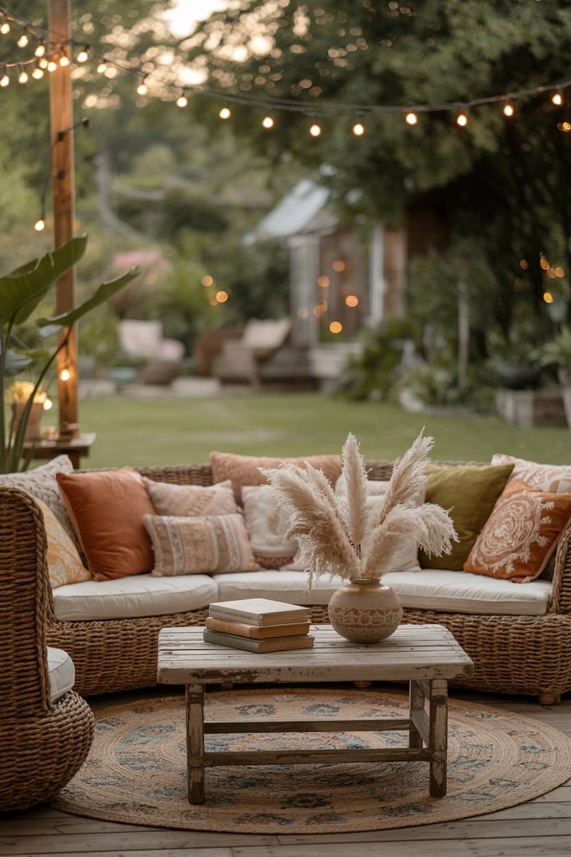 23 Boho Patio Decor Ideas to Transform Your Outdoor Space 16 Circular boho patio seating with pampas grass centerpiece and charming wooden fence backdrop
