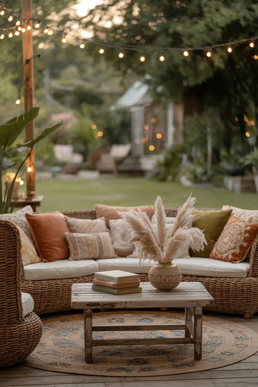 23 Boho Patio Decor Ideas to Transform Your Outdoor Space 16 Circular boho patio seating with pampas grass centerpiece and charming wooden fence backdrop