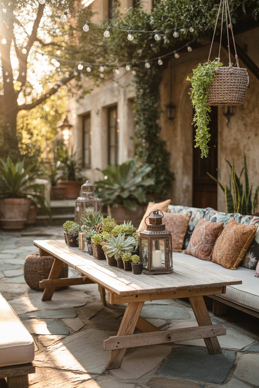 23 Boho Patio Decor Ideas to Transform Your Outdoor Space 17 Boho patio with weathered wooden table showcasing potted succulents and vintage lanterns