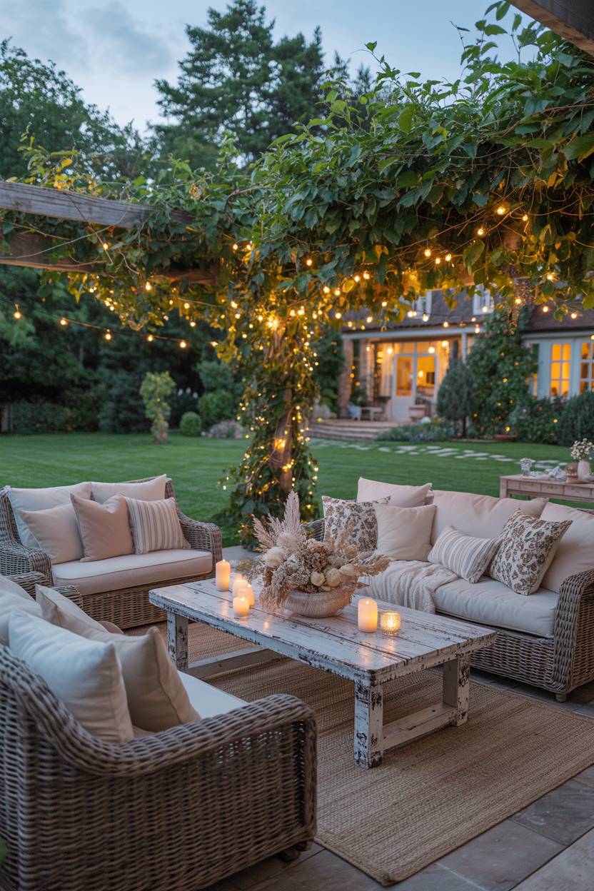 23 Boho Patio Decor Ideas to Transform Your Outdoor Space 18 Large boho patio with wicker furniture under jasmine pergola, with cottage and pathway visible