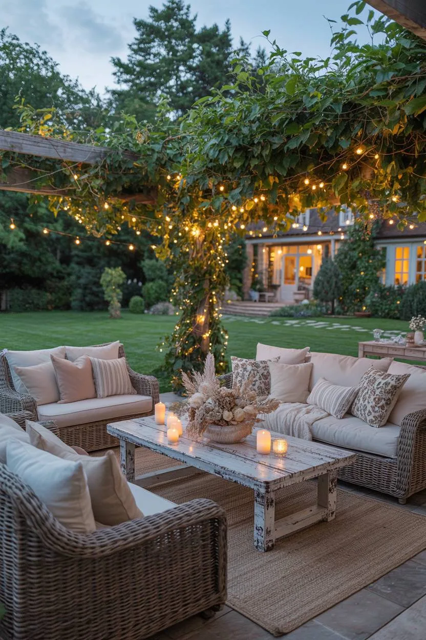23 Boho Patio Decor Ideas to Transform Your Outdoor Space 18 Large boho patio with wicker furniture under jasmine pergola, with cottage and pathway visible