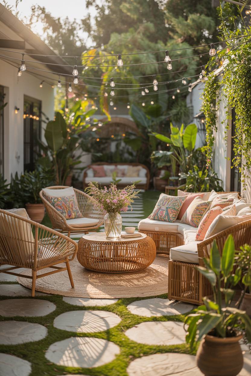 23 Boho Patio Decor Ideas to Transform Your Outdoor Space 19 Sprawling boho patio with rattan furniture, wildflower centerpiece, and flagstone flooring