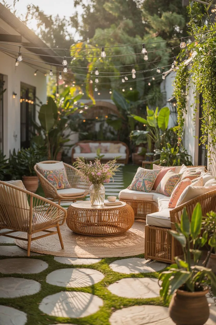 23 Boho Patio Decor Ideas to Transform Your Outdoor Space 19 Sprawling boho patio with rattan furniture, wildflower centerpiece, and flagstone flooring
