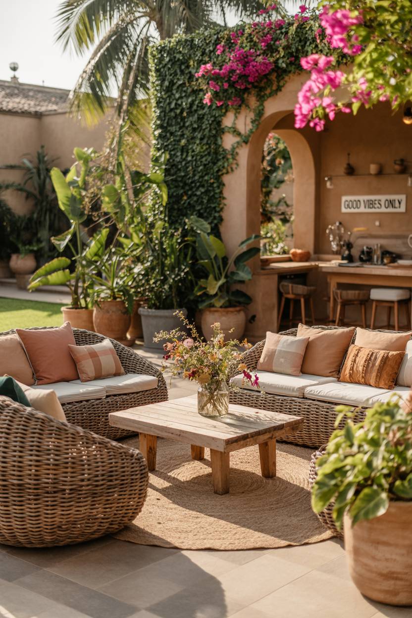 23 Boho Patio Decor Ideas to Transform Your Outdoor Space 20 Large bohemian patio with circular seating area, lush plantings, and outdoor kitchen in background