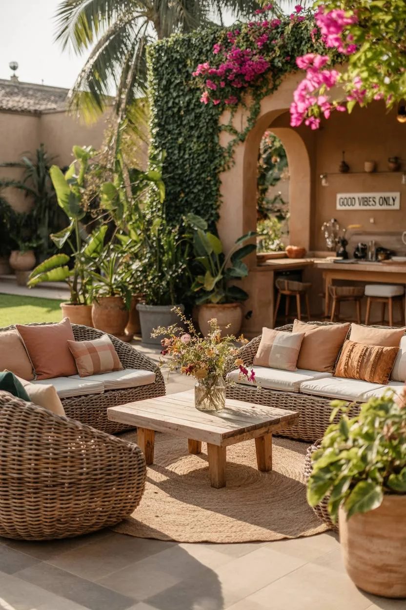 23 Boho Patio Decor Ideas to Transform Your Outdoor Space 20 Large bohemian patio with circular seating area, lush plantings, and outdoor kitchen in background