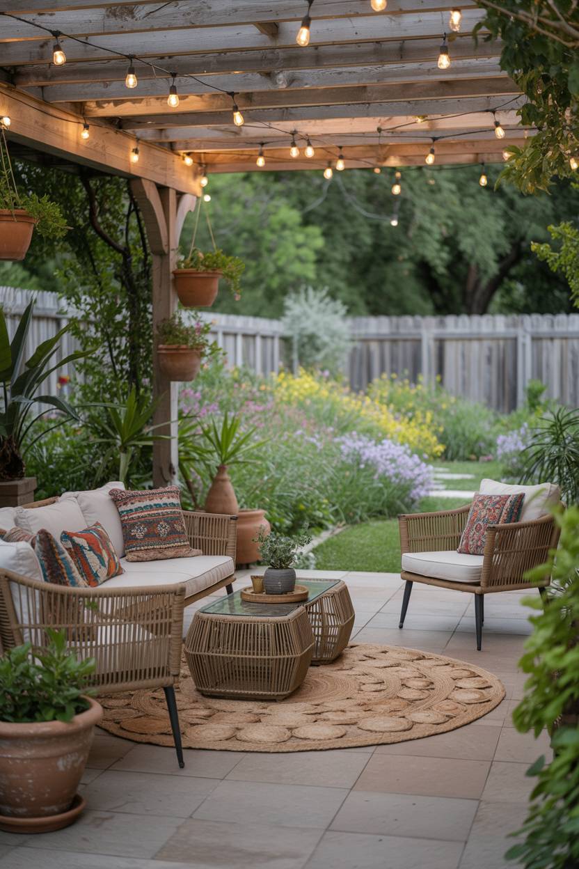 23 Boho Patio Decor Ideas to Transform Your Outdoor Space 21 Expansive boho patio with rattan furniture on jute rug, terracotta planters, and wildflower garden