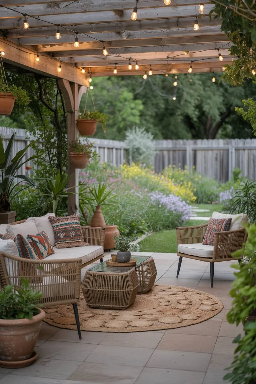 23 Boho Patio Decor Ideas to Transform Your Outdoor Space 21 Expansive boho patio with rattan furniture on jute rug, terracotta planters, and wildflower garden