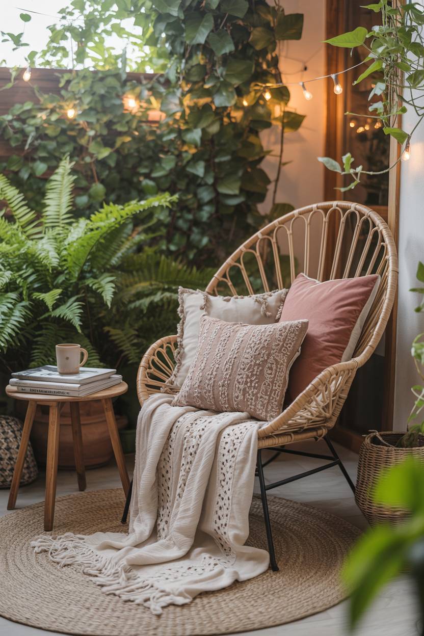 23 Boho Patio Decor Ideas to Transform Your Outdoor Space 22 Intimate boho patio with woven rattan chair, cream throw, and surrounding ferns under string lights