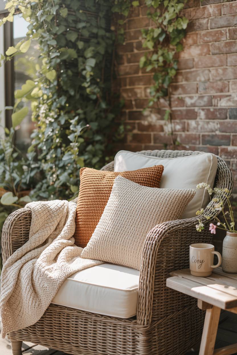 23 Boho Patio Decor Ideas to Transform Your Outdoor Space 23 Cozy boho patio featuring wicker armchair with knitted blanket against ivy-covered brick wall