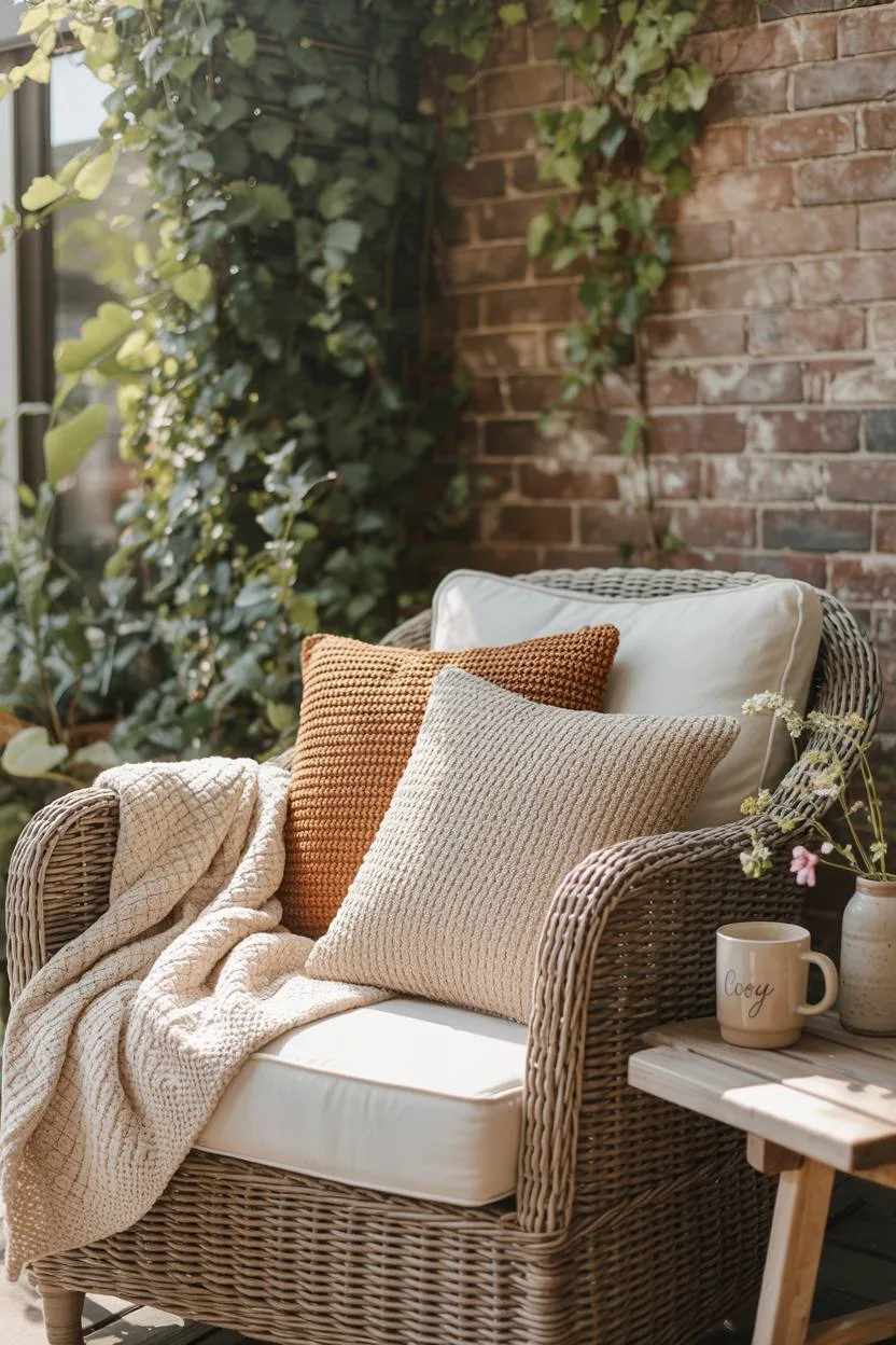 23 Boho Patio Decor Ideas to Transform Your Outdoor Space 23 Cozy boho patio featuring wicker armchair with knitted blanket against ivy-covered brick wall