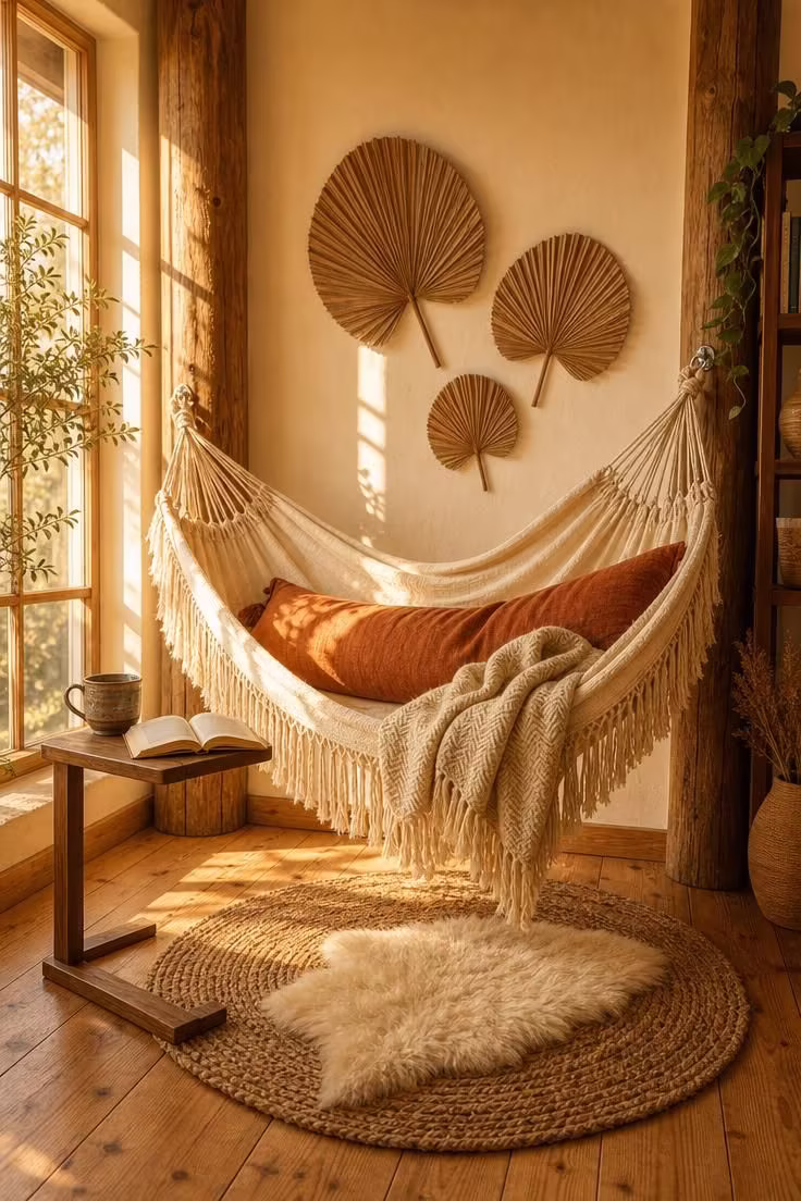 14 Dreamy Boho Reading Nook Ideas for Lazy Afternoons 1 A fringed cotton hammock hung between two timber posts in a sun-filled boho reading nook with a rust pillow and herringbone throw.