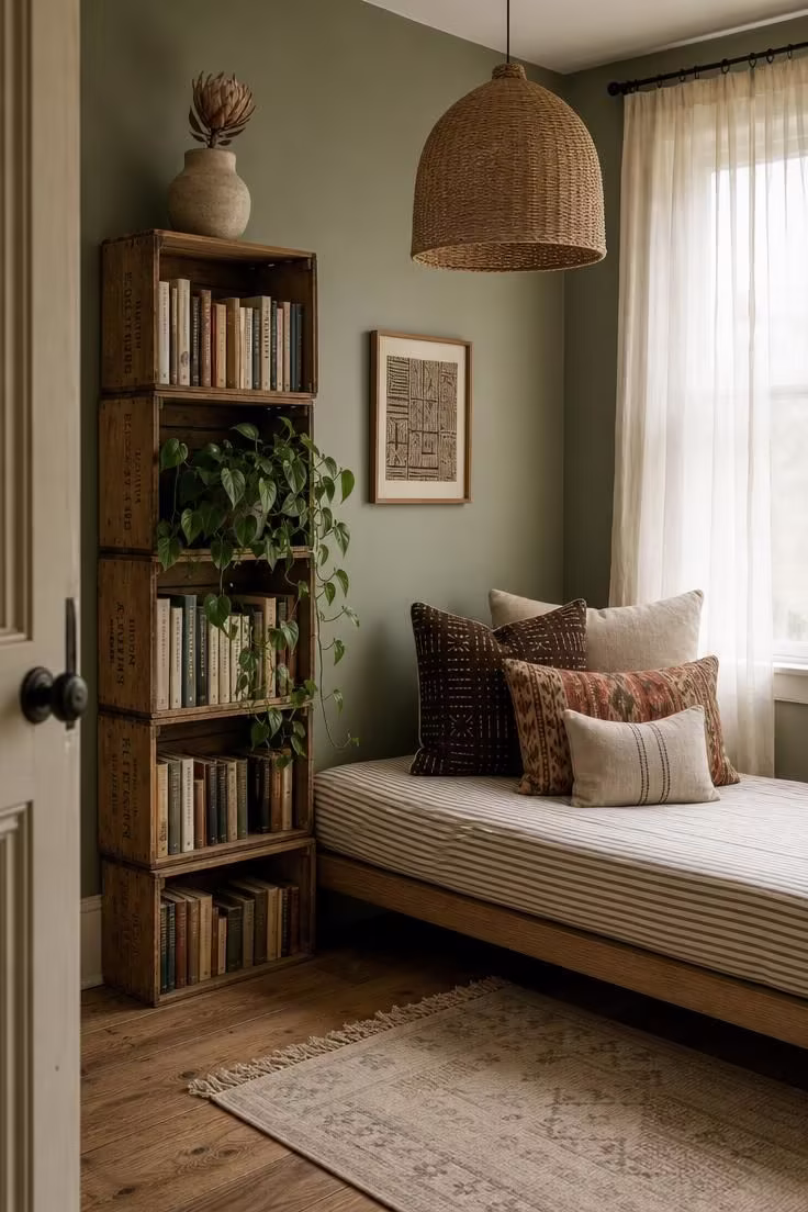14 Dreamy Boho Reading Nook Ideas for Lazy Afternoons 2 Stacked vintage cane crates used as book shelving beside a linen daybed with mudcloth and ikat pillows in a sage-walled boho reading nook.