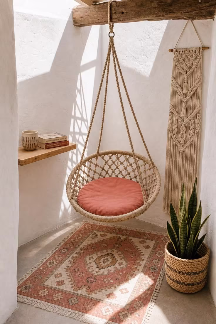 14 Dreamy Boho Reading Nook Ideas for Lazy Afternoons 3 A sisal rope swing chair hanging in a whitewashed alcove with a coral cushion, macramé wall hanging, and bright midday light from above.