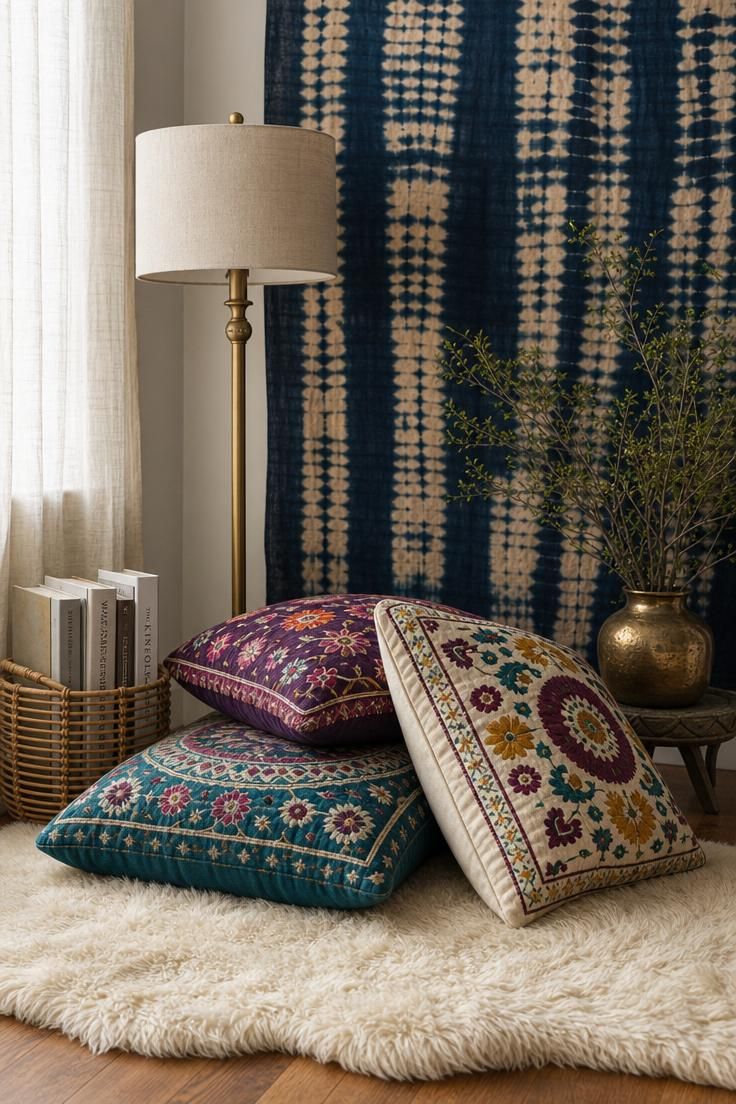 14 Dreamy Boho Reading Nook Ideas for Lazy Afternoons 4 Suzani embroidered floor cushions in teal, plum, and mustard piled on a sheepskin rug with a batik wall hanging and brass lamp in a boho reading nook.