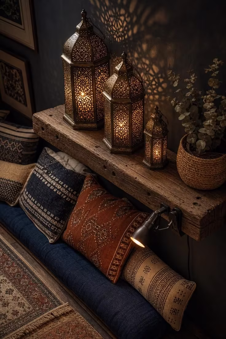 14 Dreamy Boho Reading Nook Ideas for Lazy Afternoons 5 Three pierced brass lanterns of different sizes on a reclaimed teak shelf casting patterned shadows on a charcoal wall above an indigo bench cushion.
