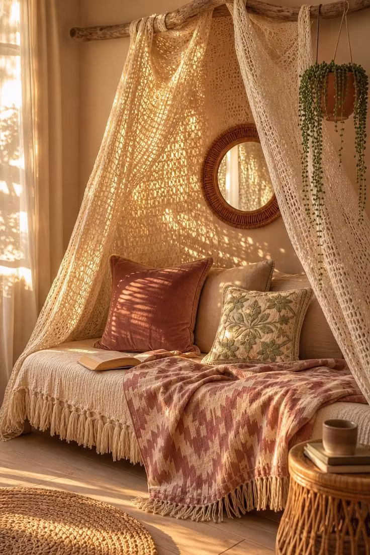 14 Dreamy Boho Reading Nook Ideas for Lazy Afternoons 6 A crochet canopy draped from a driftwood branch over a daybed with an ikat throw and velvet pillows, warm golden light filtering through the weave.