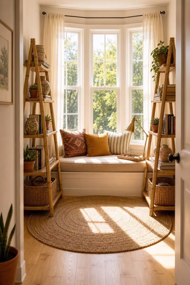 14 Dreamy Boho Reading Nook Ideas for Lazy Afternoons 7 Two bamboo ladder shelves flanking a bay window bench with kilim and ochre velvet pillows, bright midday sun flooding the boho reading nook.