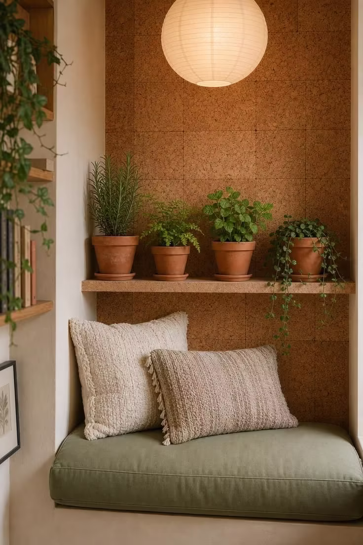 14 Dreamy Boho Reading Nook Ideas for Lazy Afternoons 8 A cork-tiled reading alcove with a row of terracotta herb planters on the ledge, a sage-green bench cushion, and a paper lantern pendant.