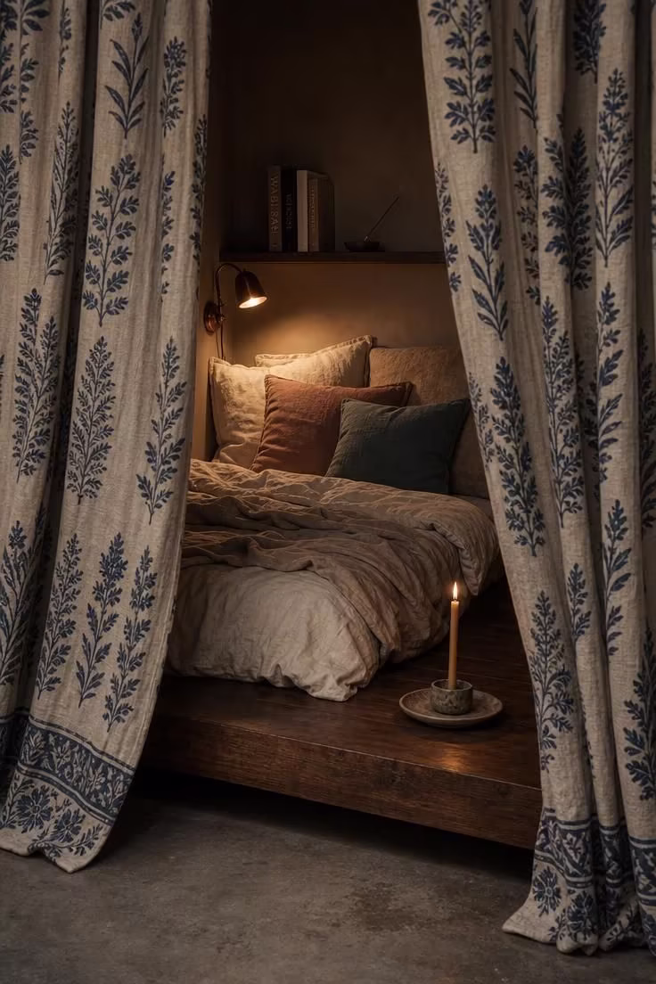 14 Dreamy Boho Reading Nook Ideas for Lazy Afternoons 9 Block-printed indigo linen curtains framing a low walnut platform reading nook with a copper lamp, linen bedding, and muted teal pillows.