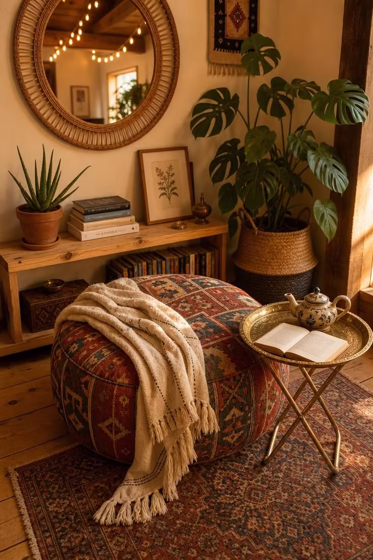 14 Dreamy Boho Reading Nook Ideas for Lazy Afternoons 10 A vintage kilim pouf and brass tray table on worn pine boards with a monstera plant, rattan mirror, and string lights in a warm boho reading nook.
