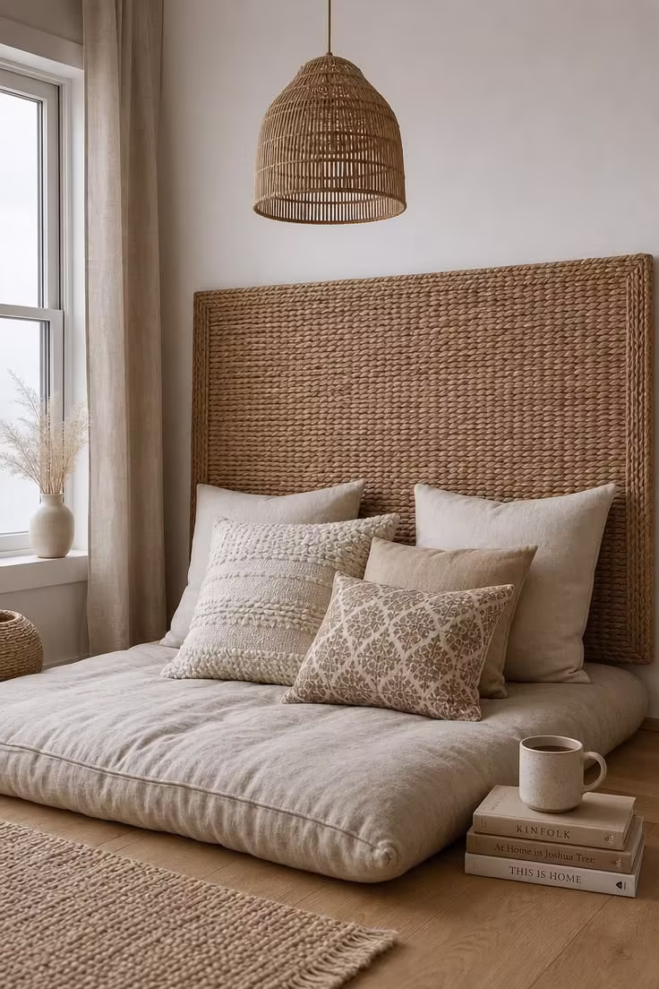 14 Dreamy Boho Reading Nook Ideas for Lazy Afternoons 11 A woven seagrass headboard mounted as a backdrop behind a deep floor mattress with neutral linen pillows and a rattan pendant light.