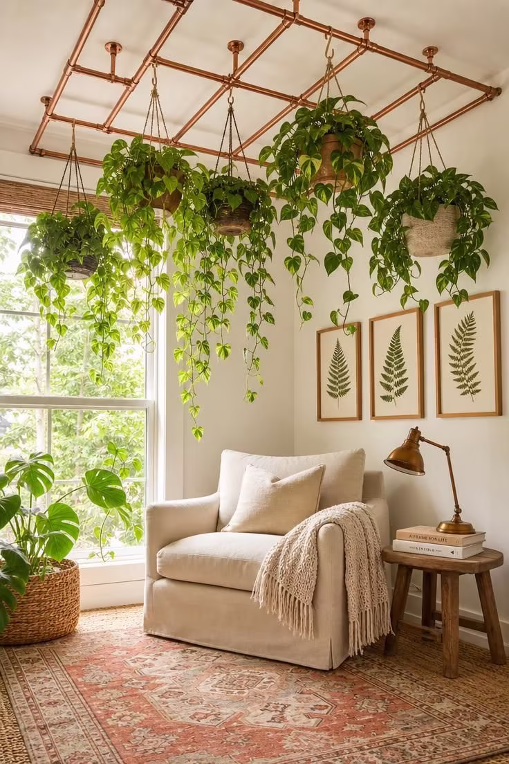 14 Dreamy Boho Reading Nook Ideas for Lazy Afternoons 12 Trailing pothos and philodendron hanging from a copper pipe grid above a canvas armchair with a Turkish rug and pressed fern prints in a bright boho reading nook.