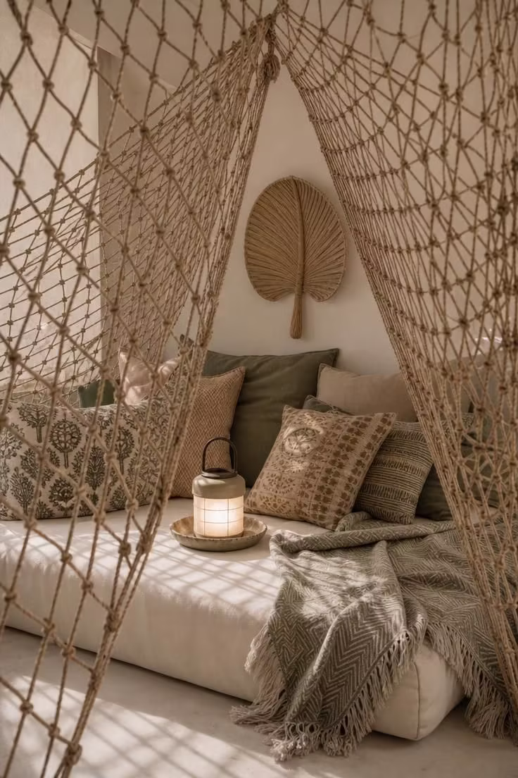 14 Dreamy Boho Reading Nook Ideas for Lazy Afternoons 13 A hand-knotted jute rope net canopy over a canvas floor mattress with herringbone throw and block-print pillows in a soft-lit boho reading nook.